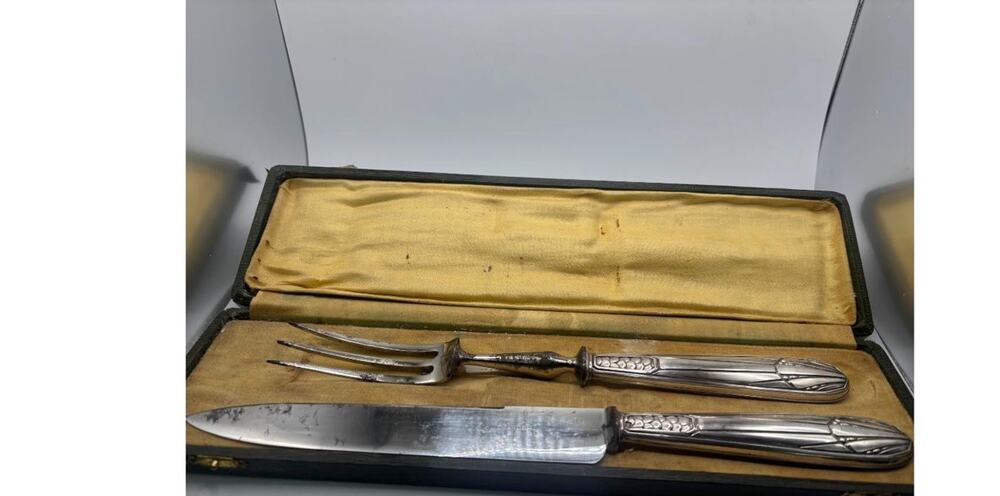 Antique Art Nouveau Silverplate Carving Set Knife Fork Fitted Silk Lined Case